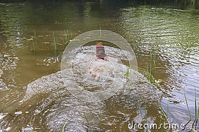 Brunette swims in the pond, girl swims in the river Stock Photo