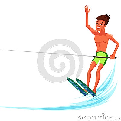 Brunette tanned man waterskiing in beautiful ocean Vector Illustration