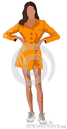 Brunette tanned woman dressed in orange coat and white sneakers Vector Illustration