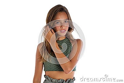 Brunette teen girl portrait smiling on white Stock Photo
