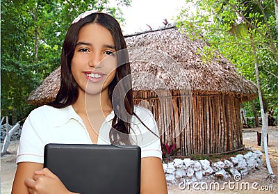Brunette teen student indian latin holding laptop Stock Photo