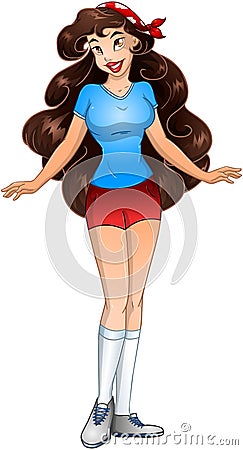 Brunette Teenage Girl In TShirt And Short Pants Vector Illustration