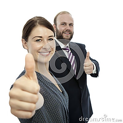 Brunette woman and beard business man thumb up Stock Photo