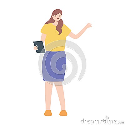 Brunette woman with book standing isolated design white background Vector Illustration