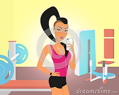Brunette woman doing selfie in the gym Vector Illustration