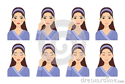 Brunette Woman with Makeup on Face. Lady Removes her Makeup. Steps. Healthy and Clean skin. Natural Beauty and Happy Smile on Vector Illustration