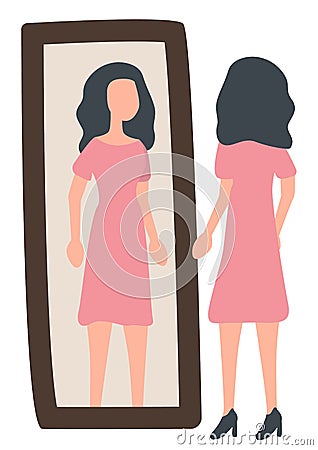 Woman near Mirror Trying on Dress Vector Image Vector Illustration