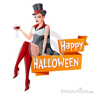 Brunette woman sitting with glass of wine in Dracula vampire Halloween costume and fangs. Cartoon style vector Vector Illustration