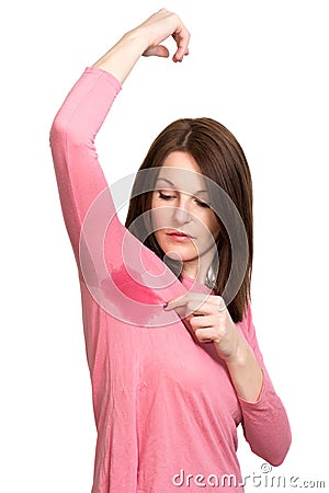 Woman sweating very badly under armpit Stock Photo