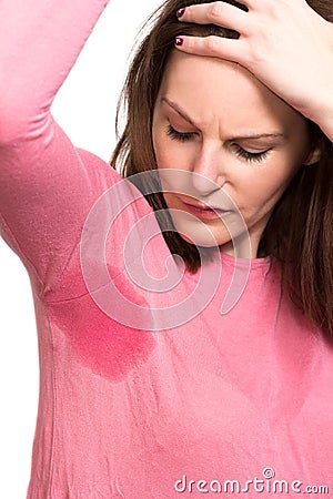 Woman sweating very badly under armpit Stock Photo