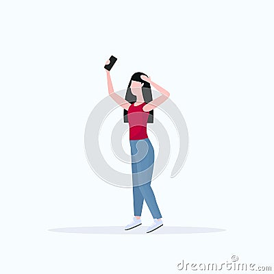 Brunette woman taking selfie photo on smartphone camera casual female cartoon character posing white background flat Vector Illustration