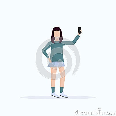 Brunette woman taking selfie photo on smartphone camera casual female cartoon character posing white background flat Vector Illustration