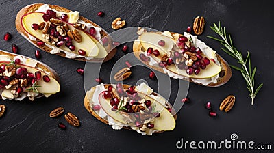 Bruschetta with apple, pomegranate and cheese on a black background Generative AI Cartoon Illustration