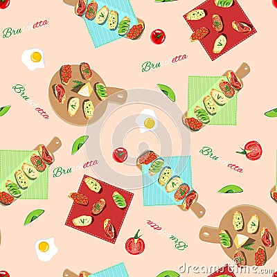 Seamless pattern with cutting boards, sandwiches, eggs, tomatoes on white background. Vector Illustration