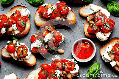 Bruschetta on fried toast with mozzarella and tomato snacks. Stock Photo
