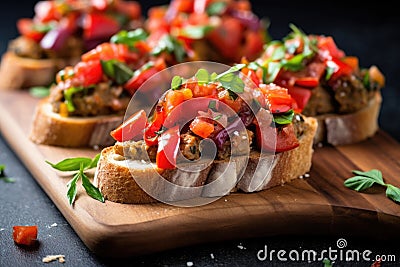 bruschetta pieces topped with spicy vegan sausage and peppers Stock Photo