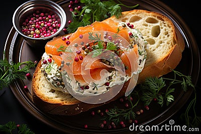 Bruschetta with salmon. Breakfast toast with cream cheese, salmon, capers and greens on a plate, macro close-up. Keto Stock Photo