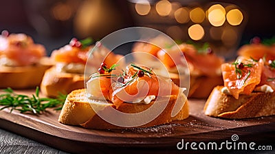 Bruschetta with salmon, cream cheese and herbs on wooden board Stock Photo