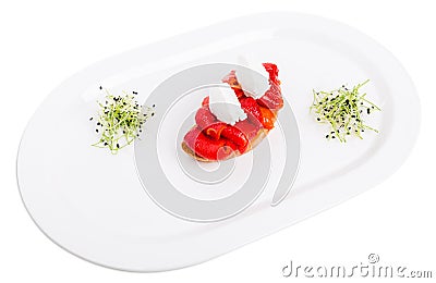 Bruschetta with stewed peppers and mascarpone cheese. Stock Photo