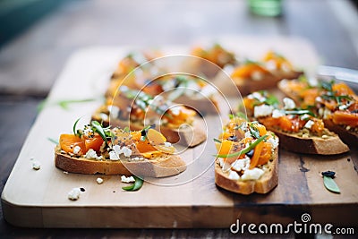 bruschettas with roasted pumpkin and feta on parchment Stock Photo