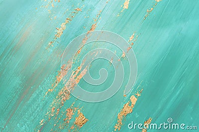 Brush abstract Strokes with gold spots potal. Mint green creative background for your design Stock Photo