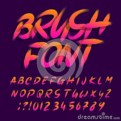 Brush alphabet font. Uppercase brushstroke messy letters and numbers. Vector Illustration