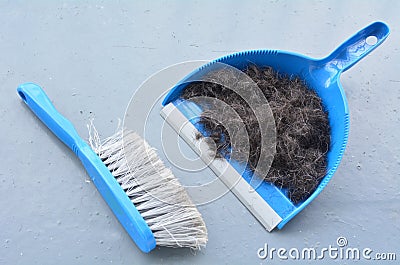 Brush broom with dustpan cleaning human hair Stock Photo