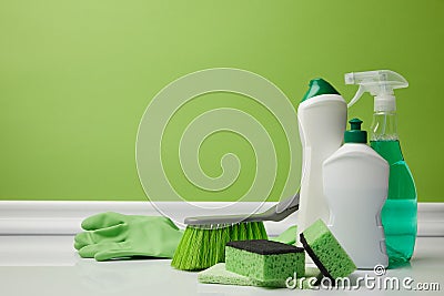 brush and domestic supplies for spring cleaning Stock Photo