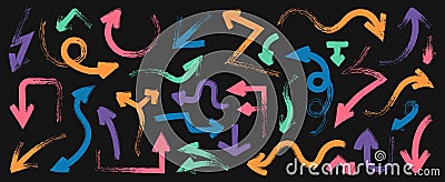 Brush drawn colored arrows. Doodle curve bend pointers, sketchy thick direction pointers, rough line arrows different Vector Illustration