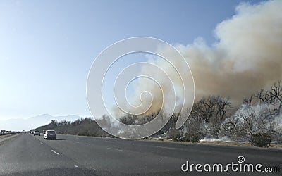 Brush Fire Smoke Road Hazard Stock Photo