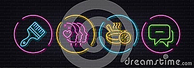 Brush, Frying pan and Friends couple minimal line icons. For web application, printing. Neon laser 3d lights. Vector Vector Illustration