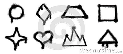 Brush paint spray elements. Geometric aerosol brushstroke. Circle and triangle. Square graffiti splatter shape. Black Vector Illustration