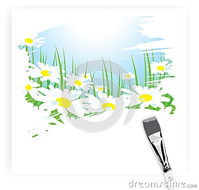 Brush painting of camomile meadow Vector Illustration