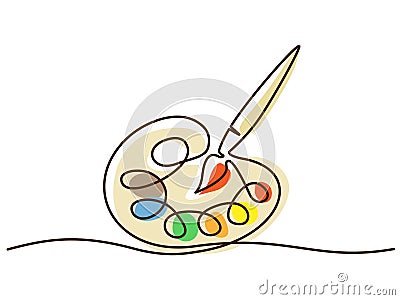 Brush and painting palette with paints. Continuous one line drawing. Vector Illustration