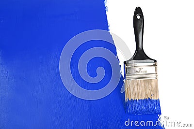 Brush Painting Wall With Blue Paint Stock Photo