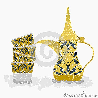 Brush Strokes Arabian Coffee Pot and Cups Stack Vector Illustration Vector Illustration