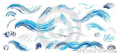 Brush strokes. Blue waves, water spray. Vector abstract set with hand drawn paint brushes. Grunge artistic texture. Doodle style. Vector Illustration