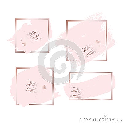 Brush strokes in rose gold pink tones and golden frame background. Vector Illustration Vector Illustration