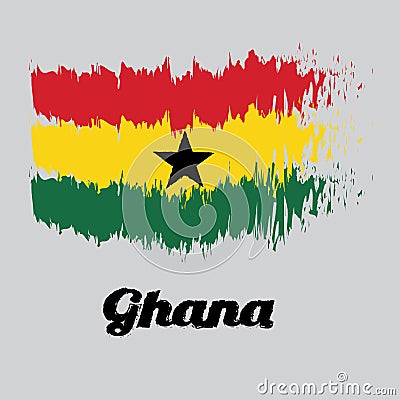 Brush style color flag of Ghana, horizontal triband of red, gold, and green with black star, text Ghana. Vector Illustration