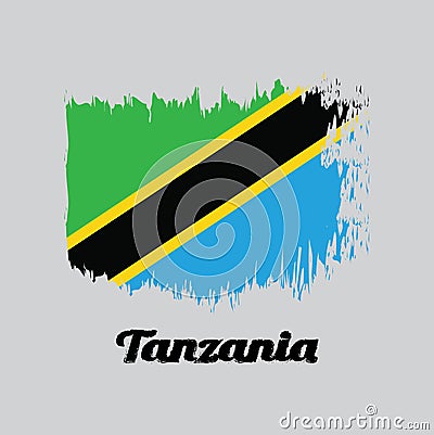 Brush style color flag of Tanzanian, A yellow-edged black diagonal band: the green triangle and blue triangle. Vector Illustration