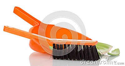 Brush sweep, scoop with shards broken dishes isolated on white. Stock Photo