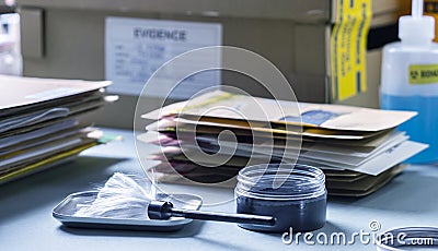 Brush to develop fingerprint powder in crime lab for analysis Stock Photo