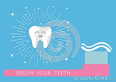 Brush your teeth. Tooth icon. Big toothbrush with toothpaste Vector Illustration