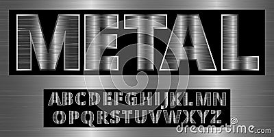 Brushed aluminum metal realistic font. Detailed metallic chrome alphabet typeset. Vector Illustration