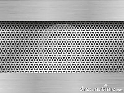 Brushed metal plate on perforated silver background Stock Photo