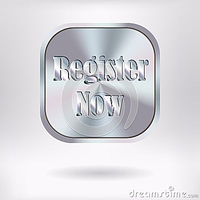 Brushed Metal Square Button - Register Now Vector Illustration