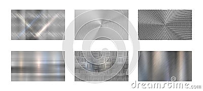 Brushed metal. Steel metallic texture, polished chrome and silver metals shine realistic vector background set Vector Illustration