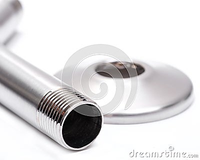 Brushed Nickel Metal Shower Arm and Flange isolated on white Stock Photo