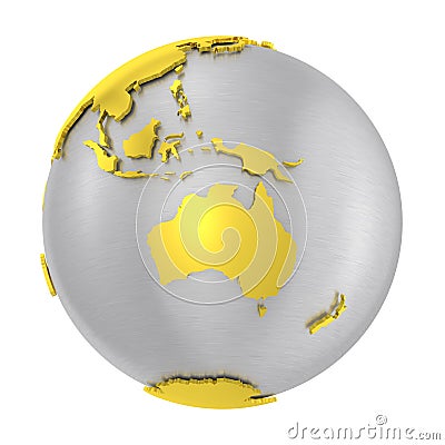 Brushed steel 3D globe gold earth crust Stock Photo