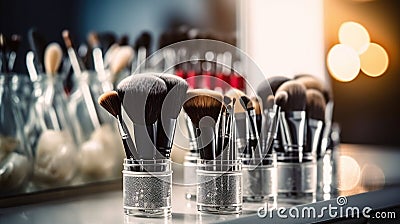Brushes for makeup on the table. Generative AI Stock Photo